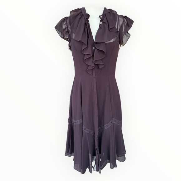 Needle & Thread Victorian Ruffle Midi Dress Plum Purple Lace Flutter Sleeve Sz 6 - Picture 7 of 12